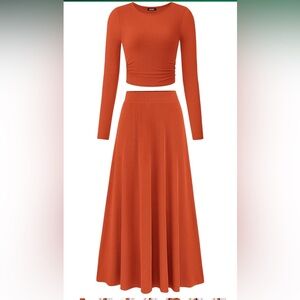 Amazon Two Piece Skirt Set - Ribbed Knit Long Sleeve Crop Top & Flowy Maxi Skirt